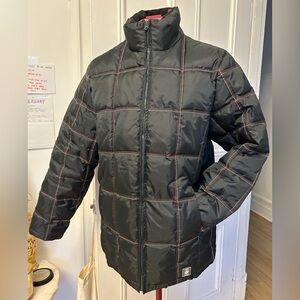 Black Puffer Jacket with Red and White Topstitching